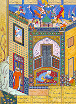 Illustration from Jāmī's Rose Garden of the Pious, dated 1553. The image blends Persian poetry and Persian miniature into one, as is the norm for many works of the Timurid era.