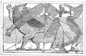 Marduk battles Tiamat, pictured here as a dragon or griffin rather than a sea monster