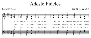 Sheet music is written representation of music. This is a homorhythmic (i.e., hymn-style) arrangement of a traditional piece entitled Adeste Fideles, in standard two-stave format for mixed voices.