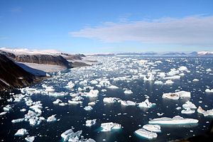 Icebergs breaking off glaciers at Cape York, Greenland