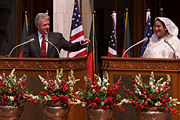 US President Bill Clinton (on left) and Prime Minister Sheikh Hasina (on right) making a joint statement to the press following their bilateral meeting, Prime Minister's office, Bangladesh (March 2000).