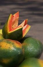Ripe papaya kept for sale at a local market in Bangalore, India