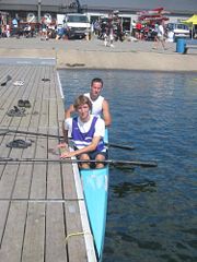 A typical racing K2 design, at the Canadian Masters Championships, 2005. Note the extremely narrow beam.