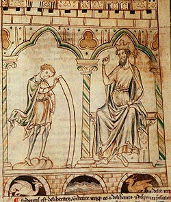 Merlin reads his prophecies to Vortigern, in a manuscript of Geoffrey of Monmouth's Prophetiae Merlini, c.1250-70.