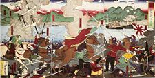 A romanticized Japanese vision of the Battle of Hakodate (函館戦争の図), painted circa 1880. The cavalry charge, with a sinking sailship in the background, is led by the leaders of the rebellion in anachronistic samurai attire. French soldiers are shown behind the cavalry charge in white trousers. With a modern steam warship visible in the background, imperial troops with modern uniforms are on the right.