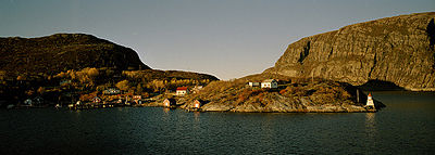 View of coastal village in fjord region, Norway