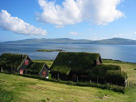 Faeroe Islands village homes, note the grass on the roofs.