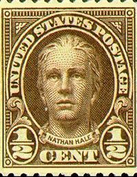 Nathan Hale appeared on U.S. postage stamps issued in 1925 and 1929. Likeness is from a statue by Bela Lyon Pratt.