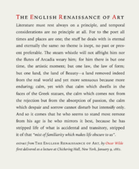 Text typeset in Iowan Old Style roman, italics and small caps, optimized at approximately 10 words per line, typeface sized at 14 points on 1.4 x leading, with 0.2  points extra tracking. Extract of an essay by Oscar Wilde The English Renaissance of Art, 1882.