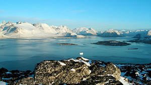 A scene from South Greenland, near Nanortalik, where fjords and mountains dominate the landscape.