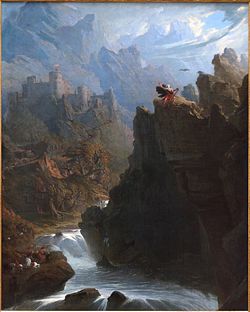 "The Bard" by John Martin: a romantic vision of a single Welsh bard escaping a massacre ordered by Edward I of England, intended to destroy Welsh culture