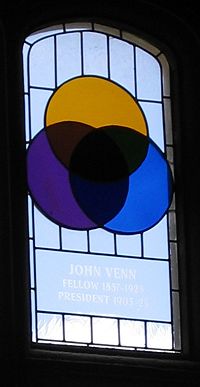 Stained glass window in the dining hall of Gonville and Caius College, Cambridge, Cambridge, commemorating John Venn and the Venn diagram.