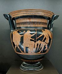 The winged Boreads (left and right) rescuing Phineas (seated) from the Harpies. Side A from an Attic red-figure column-krater, ca. 460 B.C.E.