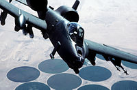 USAF A-10A Thunderbolt-II ground attack plane over circles of irrigated crops during Desert Storm.