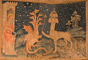 Medieval tapestry of the two beasts of Revelation 13