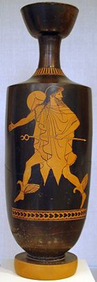 Hermes hastens bearing his kerukeion, on an Attic lekythos, ca. 480-470 B.C.E., attributed to the Tithonos Painter