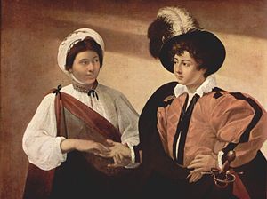 The Fortune Teller, by Caravaggio (1594–95; Canvas; Louvre), depicting a palm reading.