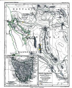 Western Tasmania with natural resources on 1865 map
