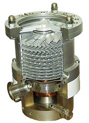 A cutaway view of a turbomolecular pump, a momentum transfer pump used to achieve high vacuum