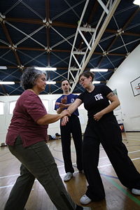 two Western students receive instruction in Pushing hands, one of the core training exercises of tai chi