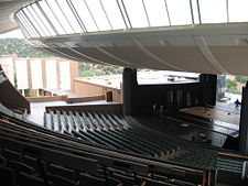 The interior of the Crosby Theatre at the Santa Fe Opera, viewed from the mezzanine.