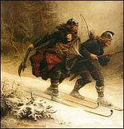 Nineteenth century artist's impression of the birkebeiner bringing the infant Håkon to safety.