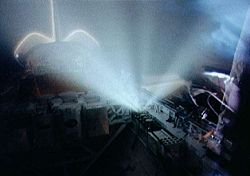 Critical ionization velocity experiment onboard space shuttle Discovery (STS-39), releasing a plume of nitrous oxide gas.