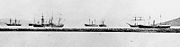 The Imperial Japanese Navy, in Pusan, on its way to Ganghwa Island (江華島), Korea, January 16th, 1876. There were 2 warships (Nisshin, Moshun), 3 troop transports, and one liner for the embassy led by Kuroda Kiyotaka.