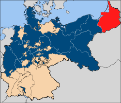 East Prussia (red) shown as part of the Kingdom of Prussia (blue) at its peak, as leading state of the German Empire (1871-1918)