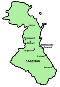 Map of Dagestan; Derbent is the most southern city noted, on the eastern border.