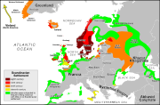 Map showing in green areas constantly subjected to Viking raids. Normandy is colored Orange. Areas of Scandinavian settlement are indicated by the colors brown (eighth century), red (ninth century), orange (tenth) and yellow (eleventh century, when Emma was alive.)