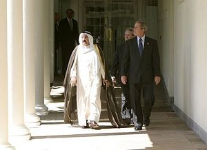 His Highness Sheikh Sabah Al-Ahmad Al-Jaber Al-Sabah with President George W. Bush.