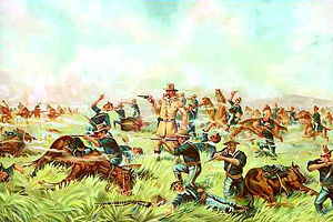 An 1899 lithograph entitled Custer Massacre at Big Horn, Montana — June 25, 1876, artist unknown.