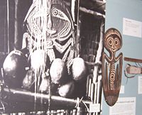 Head tray, Papua New Guinea, early 1900s (Field Museum of Natural History). The artifact itself is a two-head tray and the photograph behind it depicts a seven-head tray. The display would have been hung on the wall of a communal men's house.