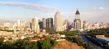 A panoramic view of Urumqi's city center taken from Red Mountain (Hong Shan).