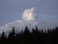 A steam plume rises from the mountain in December 2004.