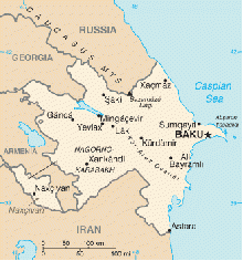 A map of Azerbaijan showing the location of its cities and regions.