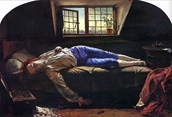 The Death of Chatterton, 1856, by Henry Wallis, the most famous image of Chatterton in the nineteenth century. The figure of the poet was modeled by the young George Meredith.