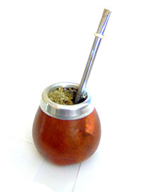 Typical style of serving Mate, with a bombilla (metal straw)