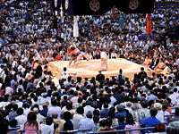 Sumo wrestlers, at the Grand Tournament in Nagoya, July 2005.