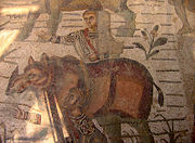 A rhinoceros depicted on a Roman mosaic in Villa Romana del Casale, an archeological site near Piazza Armerina in Sicily, Italy