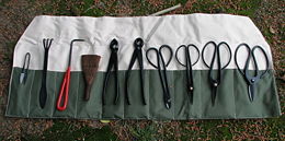 Set of bonsai tools (left to right): leaf trimmer; rake with spatula; root hook; coir brush; concave cutter; knob cutter; wire cutter; small, medium and large shears