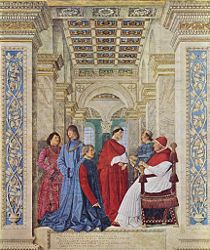 Pope Sixtus IV appoints Bartolomeo Platina prefect of the Vatican Library, fresco by Melozzo da Forlì, c. 1477 (Vatican Museums)