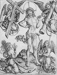 Christ as Man of sorrows with four angels holding the Instruments of the Passion, engraving by Master E. S., c. 1460 (Kupferstichkabinett, Dresden).