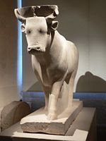 Statue of sacred Apis bull. Found at the Serapeum of Saqqara, in a chapel next to the processional way leading to the catacombs of the sacred bulls.