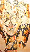 Egyptian woven pattern woolen curtain or trousers, which was a copy of a Sassanid silk import, which was in turn based on a fresco of King Khosrau II fighting Axum Ethiopian forces in Yemen, fifth-sixth century
