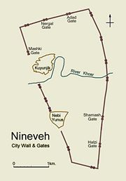 Simplified plan of ancient Nineveh showing city wall and location of gateways.