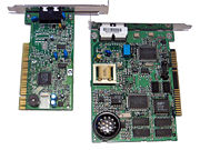 A PCI Winmodem/Softmodem (on the left) next to a traditional ISA modem (on the right). Notice the less complex circuitry of the modem on the left.