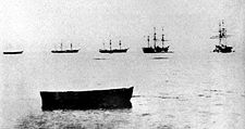 Part of the fleet of Enomoto Takeaki off Shinagawa. From left to right: Mikaho, Chōgei, Kanrin, Kaiyō, Kaiten. The Banryū and Chiyodagata are absent. 1868 photograph