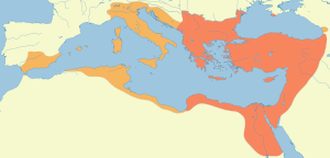 The enlargement of the Byzantine Empire's territory between the rise to power of Justinian (red, 527) and his death (orange, 565)